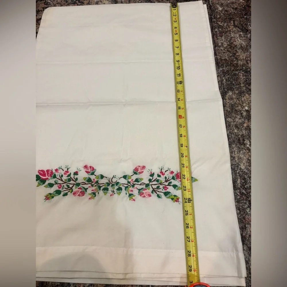 2 Vtg Cotton Hand Floral Rose Embroidered Pillowcases